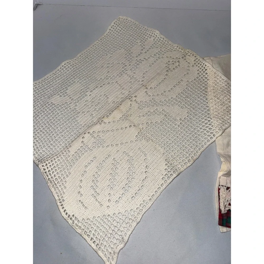 Vintage Crochet Rose Doily and Plaid Ruffle Dresser Scarf Lot Cream White 2pc